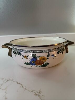 Vintage  Enamel Floral Dutch Oven with Brass Handles